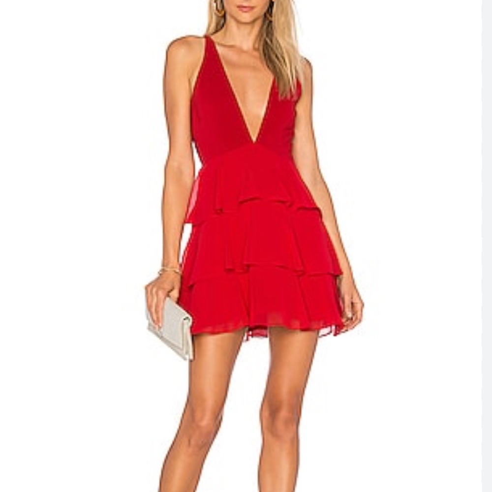 Privacy Please Hacienda Mini Dress Size S Red Tiered Plunge Neckline Party